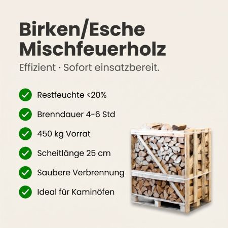 Halbe palette kammergetrocknetes gespalten Birken/Esche Brennholz mischfeuerholz 25cm