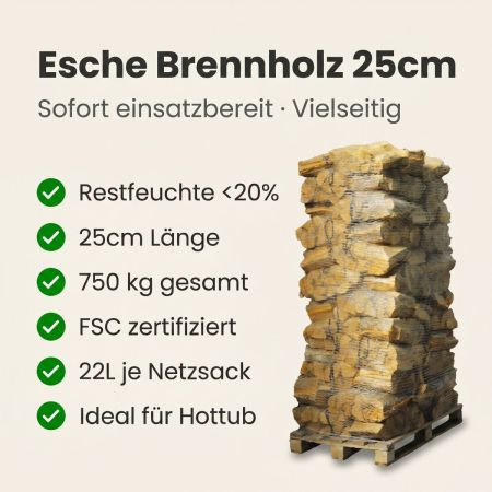 88 Netze kammergetrocknetes gespalten Esche Brennholz 25cm