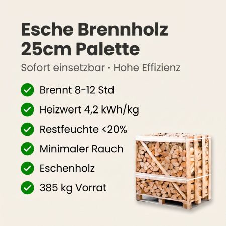 Halbe Palette kammergetrocknetes gespalten Esche Brennholz 25cm