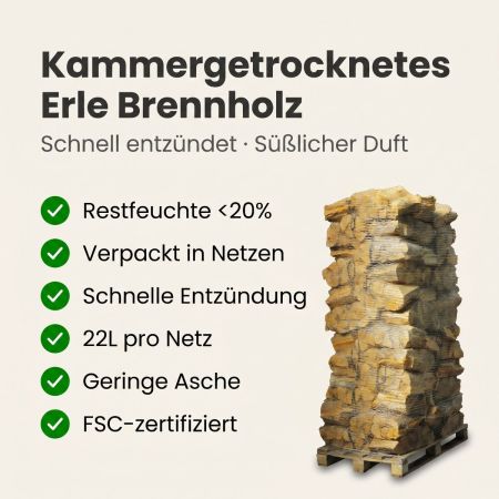 88 Netze kammergetrocknetes gespalten Erle Brennholz 25cm